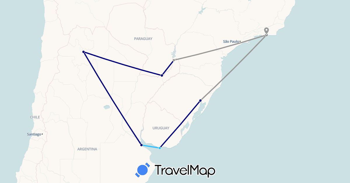 TravelMap itinerary: driving, plane, boat in Argentina, Brazil (South America)